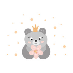 Cute bear cub with a crown and a flower in its hands. Childish vector cartoon illustration. Pastel tender colors. Suitable for clothes, prints, cards, posters, baby shower, baby room, nursery etc. 