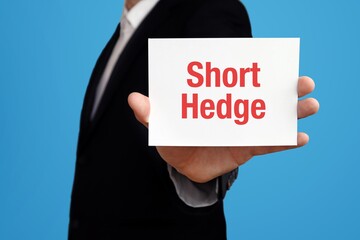 Short Hedge. Businessman in suit showing business card with text. Man isolated on blue background