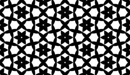 Black, white pattern, geometric wallpaper , seamless texture with flat floral ornament, decorative illustration with simple elemets