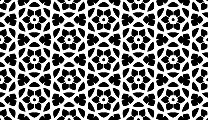 Black, white pattern, geometric wallpaper , seamless texture with flat floral ornament, decorative illustration with simple elemets