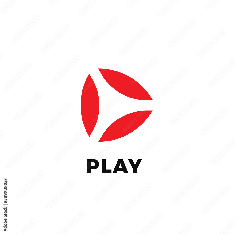 Leinwandbilder Abstract Play isolated icon on white background. Vide and audio start button flat minimal style vector logo concept. Three red leaves in triangle shape icon for streaming and broadcasting