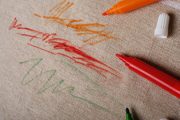 Drawn fabric on the couch with colored pencils. Furniture fabric. Cleaning concept