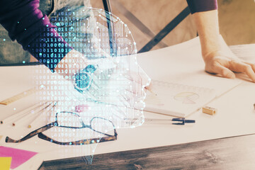Man with multi exposure brain theme icons.