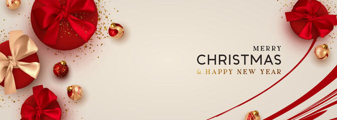 Christmas banner. Background Xmas design of realistic red gift box, 3d render bauble ball and glitter gold confetti. Horizontal christmas poster, greeting card, headers for website