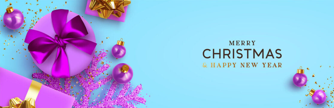 Christmas banner. Background Xmas design of realistic lilac gift box, violet shine snowflake, glitter gold confetti, purple bauble ball. Horizontal christmas poster, greeting card, headers for website