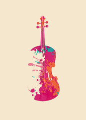 Creative bright musical illustration. Vector design of an abstract violin in the form of multi colored paint spots and splashes on a light background in retro style © paseven