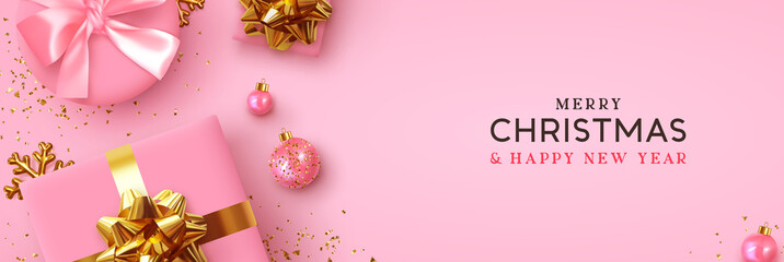 Christmas banner. Background Xmas design of realistic pink gift box, golden 3d render snowflake and glitter gold confetti, bauble ball. Horizontal christmas poster, greeting card, headers for website