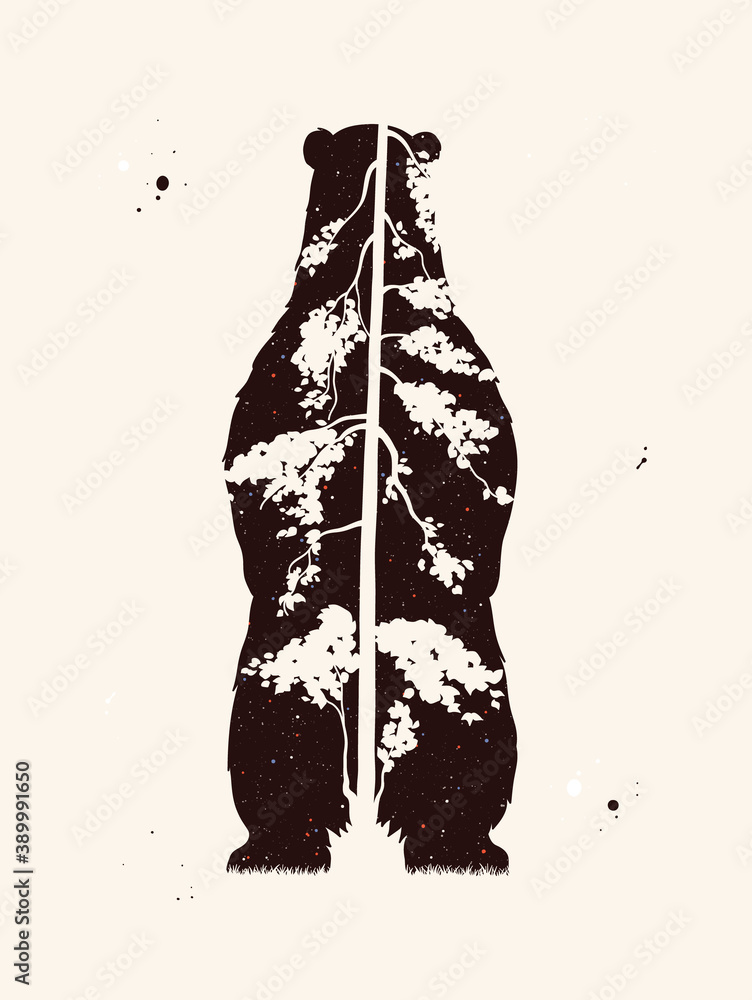 Sticker bear silhouette. abstract animal shape. night starry sky