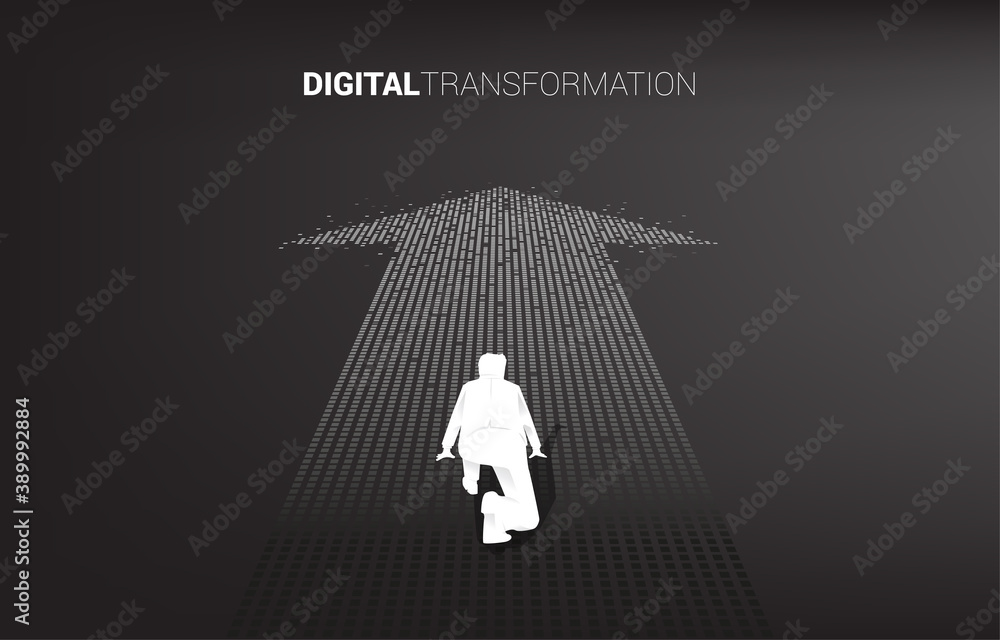 Poster silhouette of businessman in ready position on the arrow from pixel. concept of digital transformati