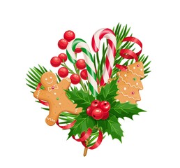 Christmas composition of spruce twig, gingerbreads, holly, candy canes, vector realistic illustration isolated on white
