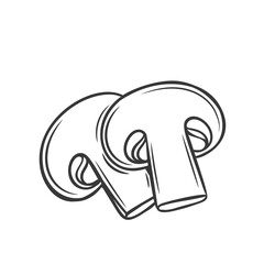 Appetizing slices of champignon mushroom, vector outline monochrome illustration