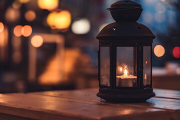 table lantern evening magic atmosphere concept picture with dark phantom blue outdoor background...
