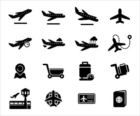 Simple Set of airport airplane travel Related Vector icon graphic design. Contains such Icons as airplane, maneuver, climbing, takeoff, landing, luggage, weight inspection and watching tower