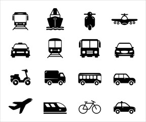 Simple Set of mass transportation vehicle Related Vector icon graphic design. Contains such Icons as tram, train, ship, scooter, airplane, taxi, bus, car, school bus, mini bus, family car and more