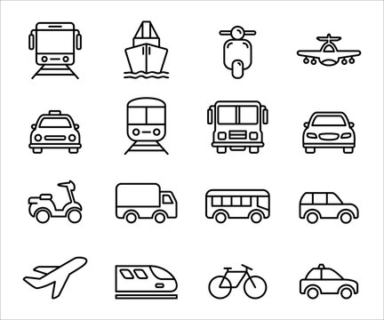 Simple Set Of Mass Transportation Vehicle Related Vector Icon Graphic Design. Contains Such Icons As Tram, Train, Ship, Scooter, Airplane, Taxi, Bus, Car, School Bus, Mini Bus, Family Car And More