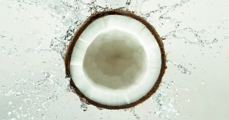 Freeze Motion Shot of Milk Splashing on Coconut, close-up