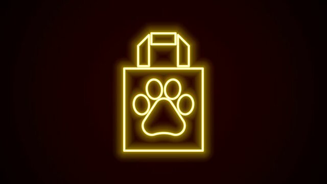 Glowing neon line Shopping bag pet icon isolated on black background. Pet shop online. Animal clinic. 4K Video motion graphic animation