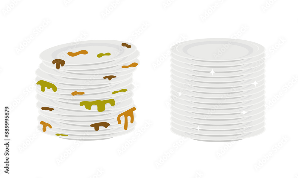 Wall mural stacks of dirty and clean plates isolated on white background. dishes before and after washing. vect