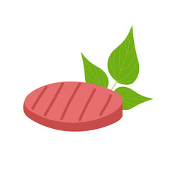 Plant based burger patty and bean leaves isolated on white background. Non-meat proteins and vegetarian food concept. Vector flat illustration.