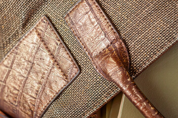Close-up of handbag with book, handles, combined genuine leather, genuine leather with skin of...