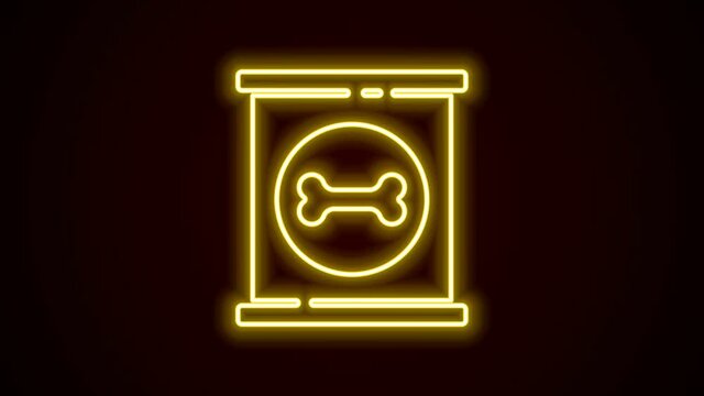Glowing neon line Canned food icon isolated on black background. Food for animals. Pet food can. Dog bone sign. 4K Video motion graphic animation