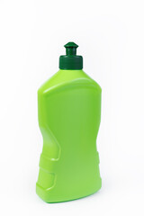 Bottle of dishwashing detergent on white background.