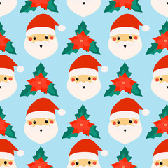 Vector with cartoon santa claus and christmas flower on a blue background. Endless Christmas ornament.