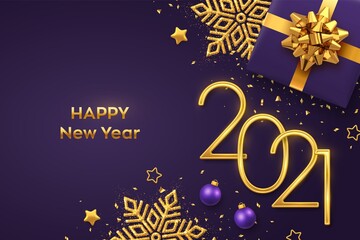 Fototapeta na wymiar Happy New 2021 Year. Golden metallic numbers 2021 with gift box, shining snowflake, 3D metallic stars, balls and confetti on purple background. New Year greeting card or banner template. Vector.