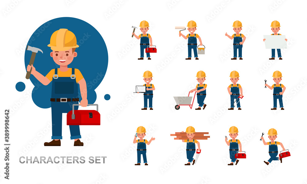 Poster set of builder kid boy working character vector design. presentation in various action with emotions