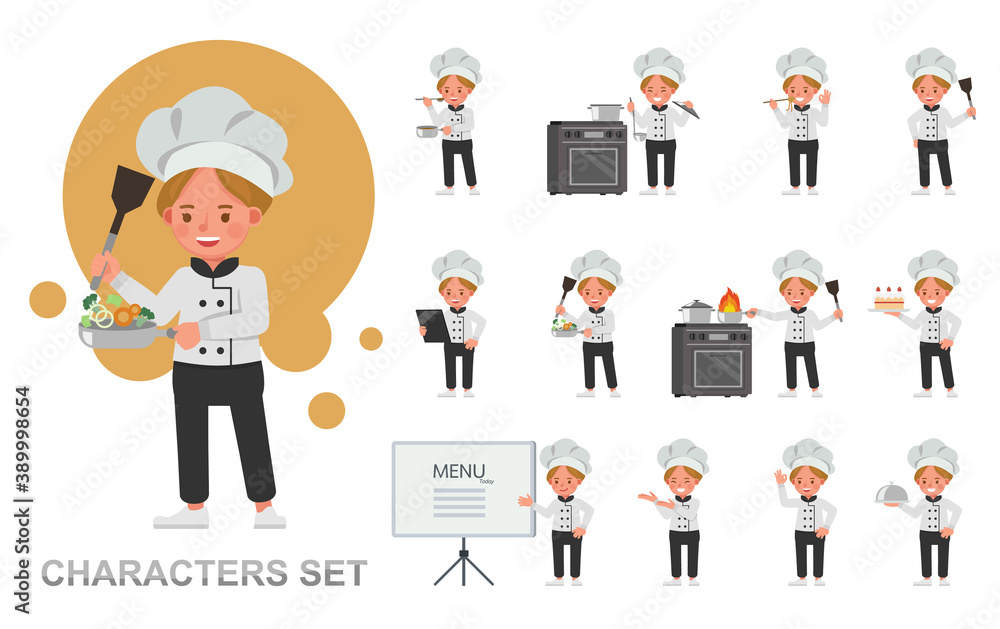 Poster set of chef girl kid working character vector design. presentation in various action with emotions, 