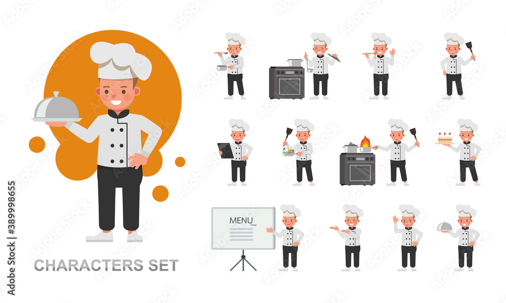 Poster set of chef kid boy working character vector design. presentation in various action with emotions, r
