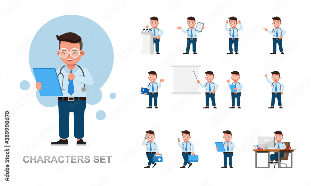 Poster set of doctor kid boy working character vector design. presentation in various action with emotions,