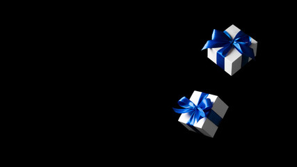 Online christmas. White gift box with blue ribbon isolated on black background in Black Friday concept. Decoration and copy space for your text.