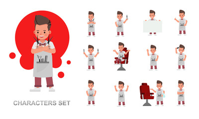 Set of Barber kid boy working character vector design. Presentation in various action with emotions, running, standing and walking.