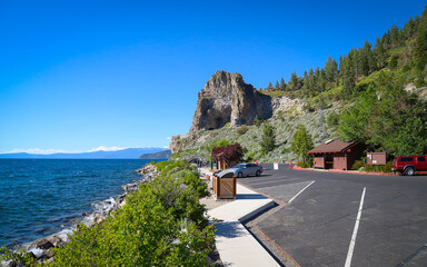 LAKE TAHOE, NEVADA, UNITED STATES - Jul 06, 2018: Cave Rock over Cave Rock State Park