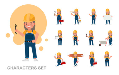 Set of Builder girl kid working character vector design. Presentation in various action with emotions, running, standing and walking.