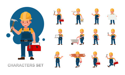 Fototapeta premium Set of Builder kid boy working character vector design. Presentation in various action with emotions, running, standing and walking.