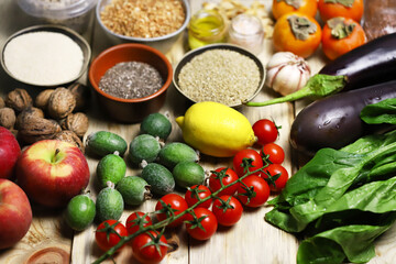 A set of useful foods for diet nutrition. Superfoods, fruits, vegetables, seeds. DASH diet. Vegan diet foods.