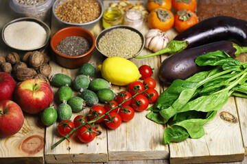 A set of useful foods for diet nutrition. Superfoods, fruits, vegetables, seeds. DASH diet. Vegan diet foods.