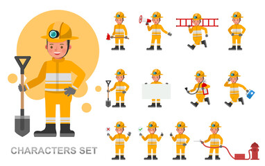 Set of Firefighter kid boy character vector design. Presentation in various action with emotions, running, standing and walking.