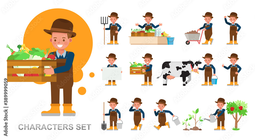 Poster set of farmer kid boy character vector design. presentation in various action with emotions, running