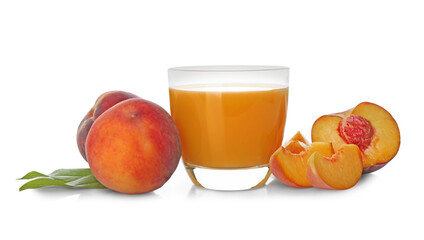 Freshly made tasty peach juice on white background