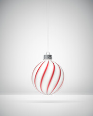 Matt white Christmas ball, twisted red stripes