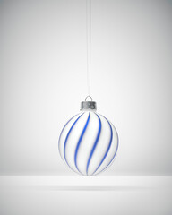 Matt white Christmas ball decorated with twisted royal blue stripes.