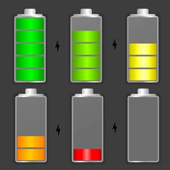 Battery level, full and empty, low and high. Discharge indicator of the battery of the phone, car. Energy sign. Vector image.
