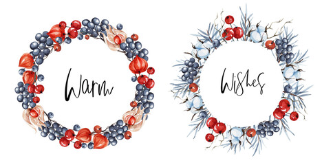 Wreaths compositions, composed from 
different separated watercolor elements: dried flowers, berries and branches.