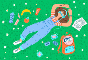 Girl lying on grass dreaming and reading book. Summer holidays outdoor relax. Cartoon illustration for banner, presentation, blog