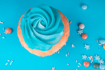 vanilla cupcake decorated with sugar snowflakes, colorful candies