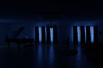 Naklejka premium 3d rendering of classic bedroom apartment with piano in the moonlight