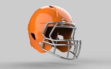 Fototapeta premium Sample American football orange helmet Perspective view Sport equipment 3D render Illustration Isolated on grey background.